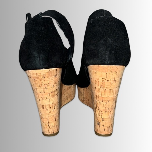 Marc Fisher Haya Black Leather Suede Cork Ankle Strap Peep Toe Wedge Sandal, 8 - Picture 6 of 8